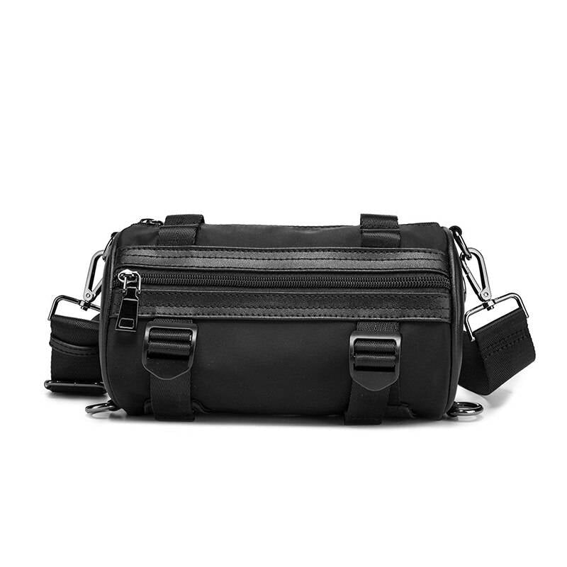 Solid Black Cylinder Shaped Techwear Messenger Bag — Leather-look synthetic material