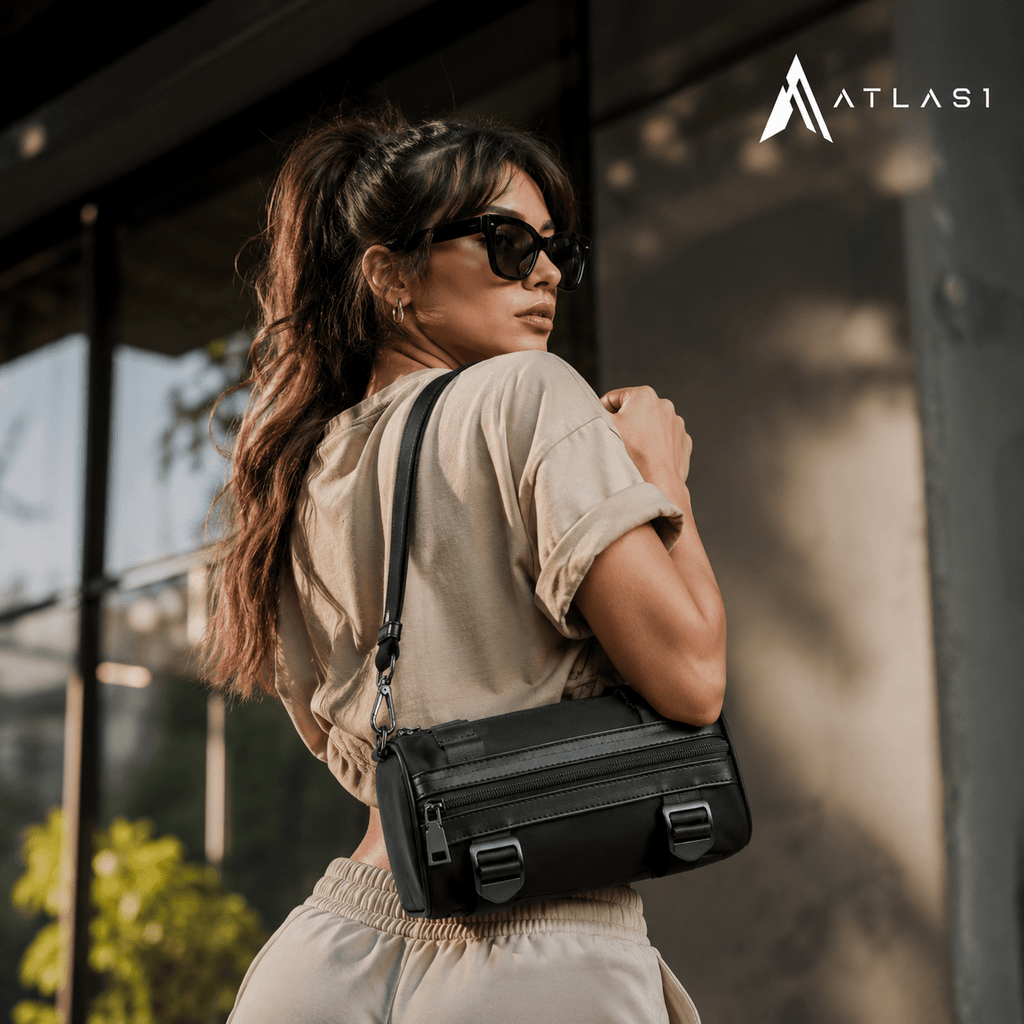 Solid Black Cylinder Shaped Techwear Messenger Bag - ATLAS 1