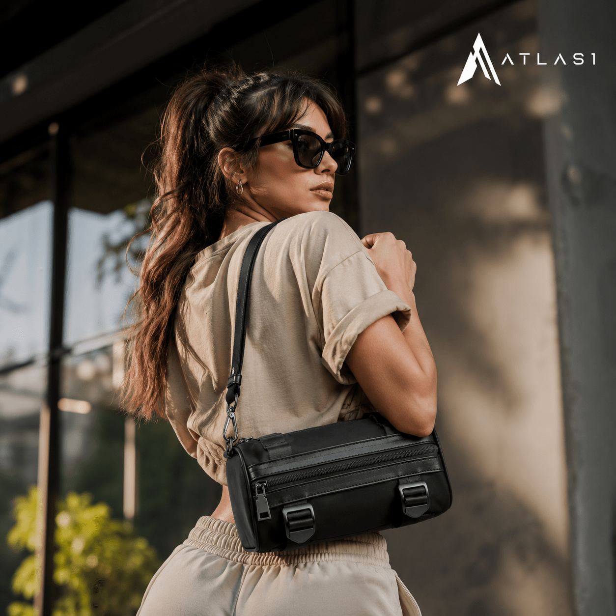 Solid Black Cylinder Shaped Techwear Messenger Bag - ATLAS 1
