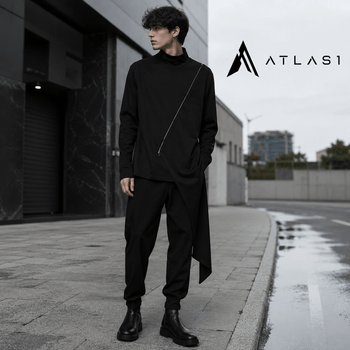 Męski t-shirt streetwear techwear z golfem i długim rękawem z siatkowym patchworkiem