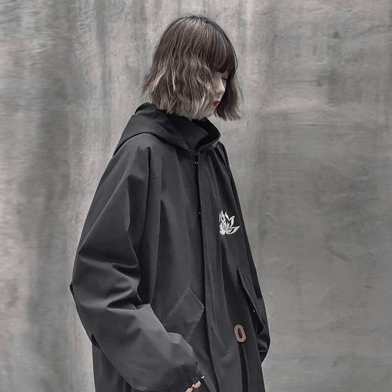 วินด์เบรคเกอร์มีฮู้ดสไตล์ dark techwear streetwear ยูนิเซ็กซ์ — ซิปปิดอเนกประสงค์
