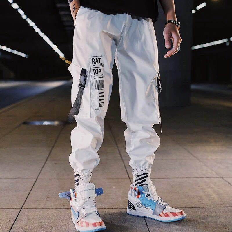 男款白色techwear工裝褲 — 寬鬆寬鬆剪裁
