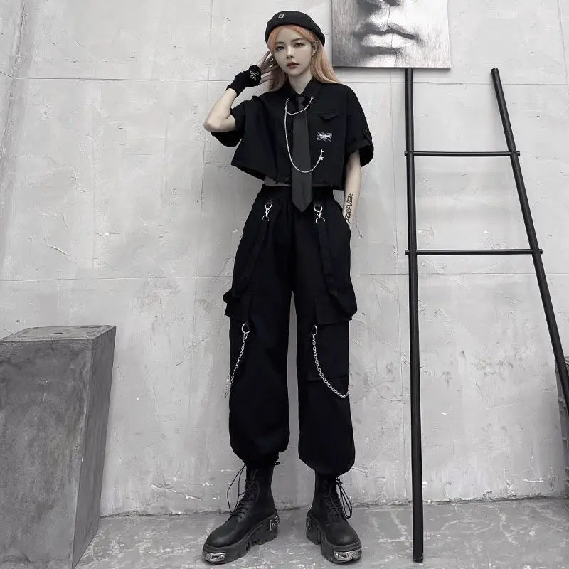 Women Black Techwear Cargo Pants Loose - ATLAS 1