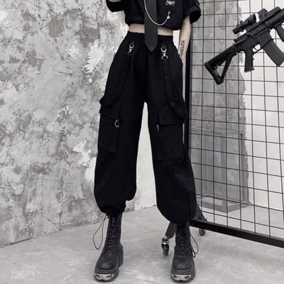 Dámské černé cargo kalhoty techwear – volný střih