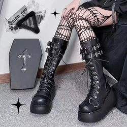 Women Punk Buckle Strap Mid - Calf Boots - ATLAS 1