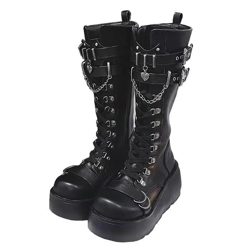 Women Punk Buckle Strap Mid - Calf Boots - ATLAS 1
