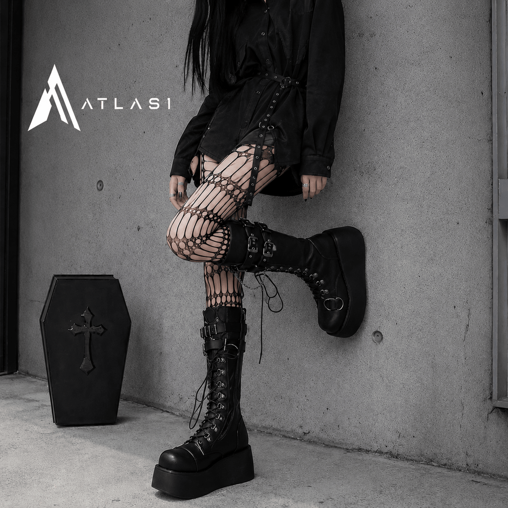 Women Punk Buckle Strap Mid - Calf Boots - ATLAS 1