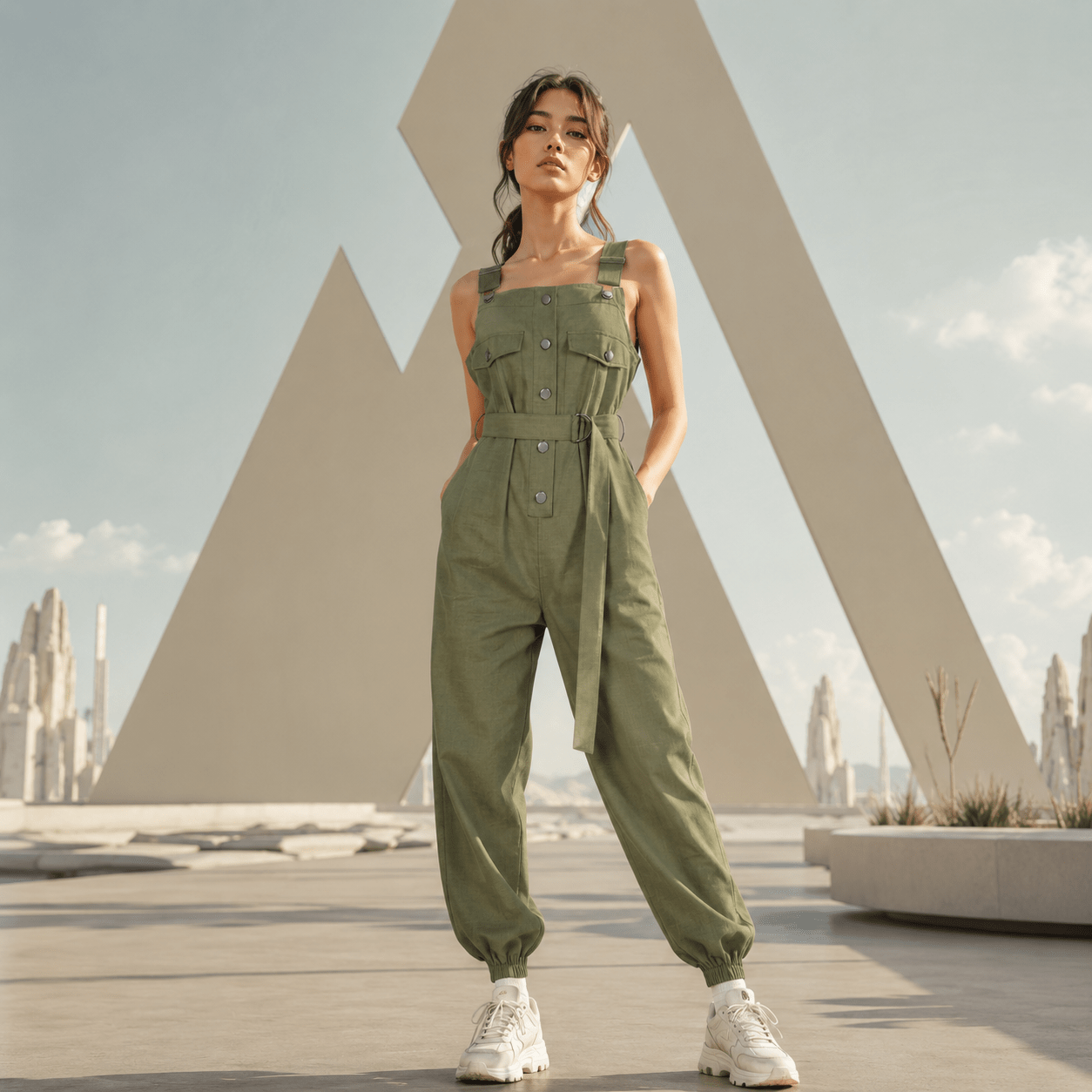 Women's Army Green Cotton Techwear Jumpsuit - ATLAS 1