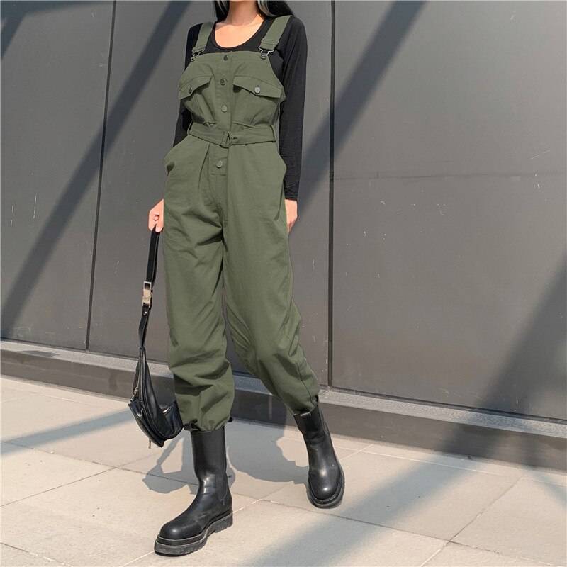 Women's Army Green Cotton Techwear Jumpsuit - ATLAS 1