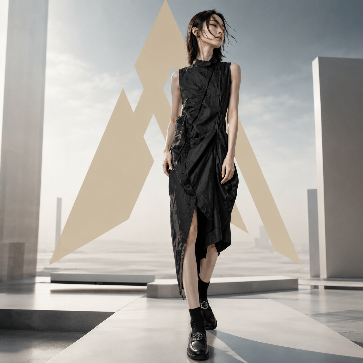 Women's Asymmetric Draped Techwear Maxi Dress - ATLAS 1