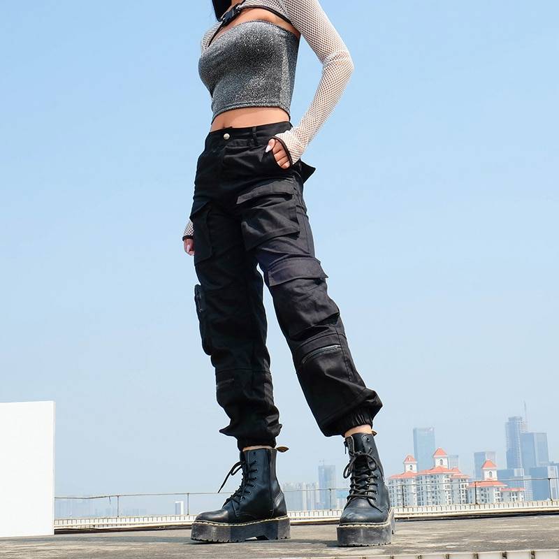 Women's Black High Waist Techwear Cargo Pants - ATLAS 1