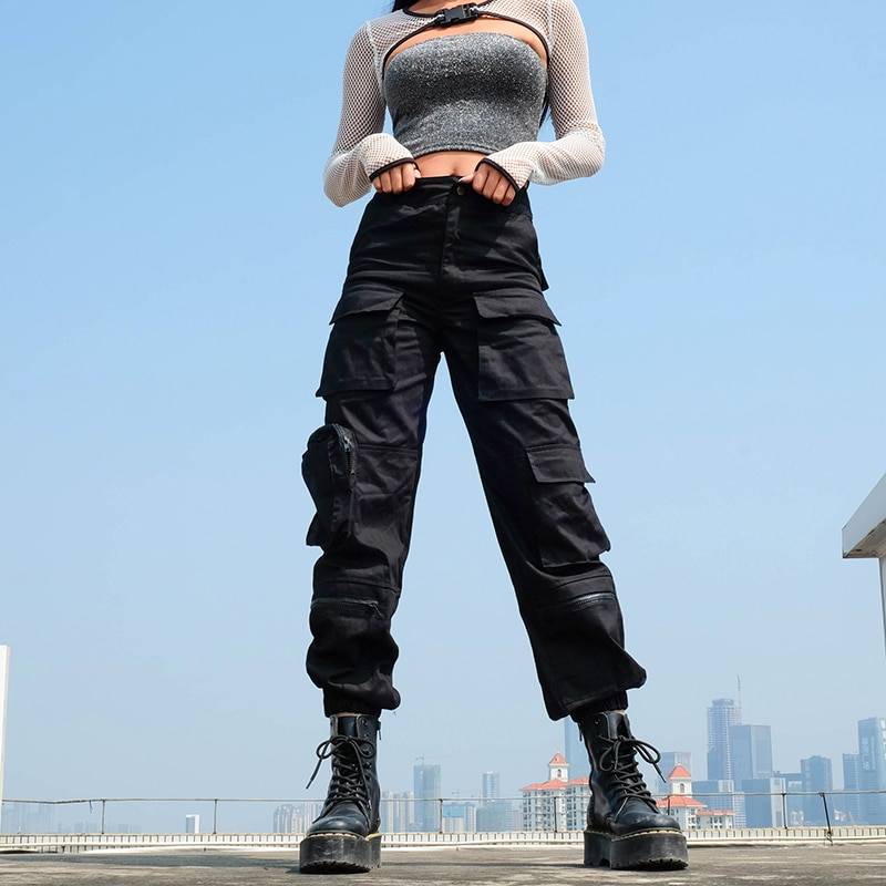 Women's Black High Waist Techwear Cargo Pants - ATLAS 1