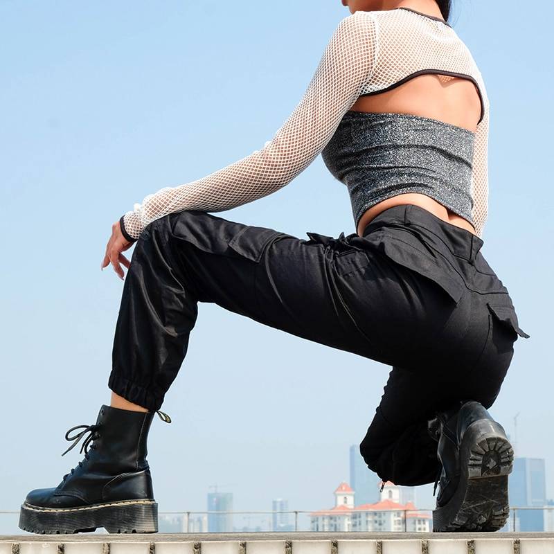 Women's Black High Waist Techwear Cargo Pants - ATLAS 1