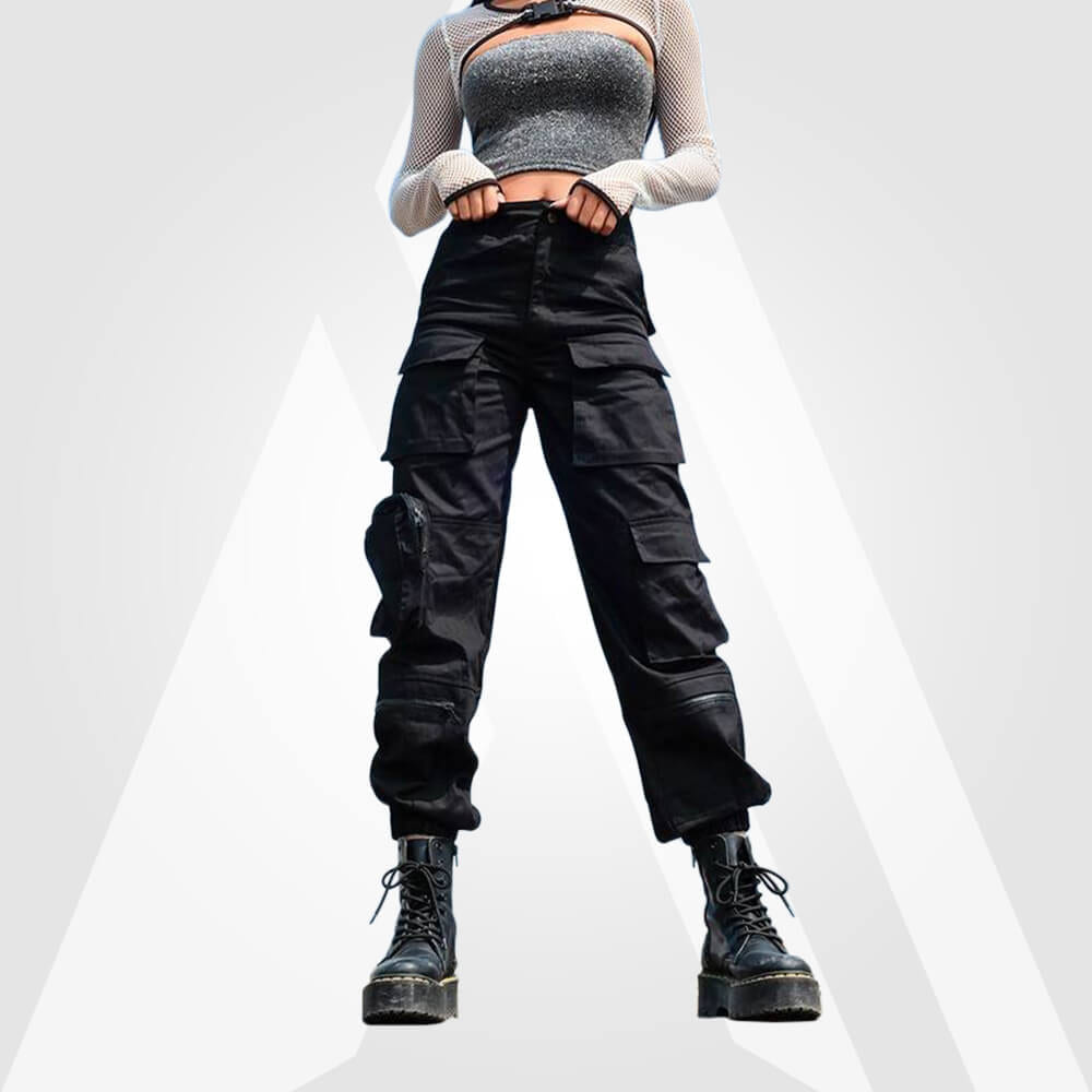 Women's Black High Waist Techwear Cargo Pants - ATLAS 1