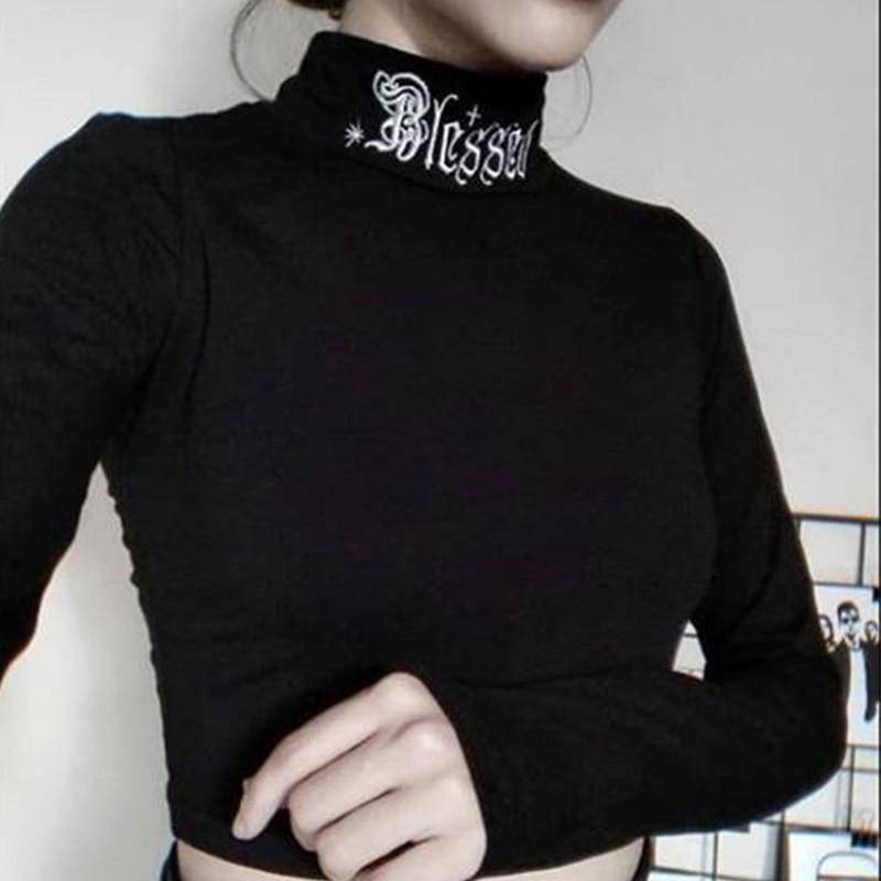 Women's Blessed Print Dark Goth Crop Top - ATLAS 1