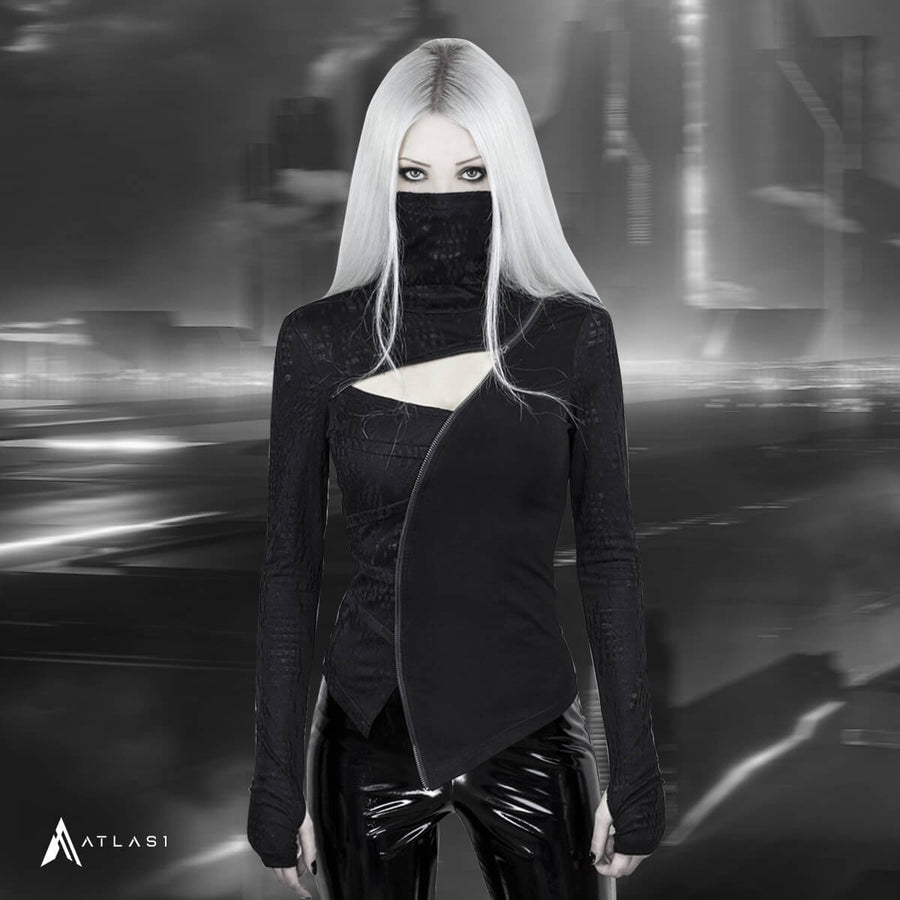 Damski asymetryczny top techwear w stylu dark ninja — Krój z długim rękawem