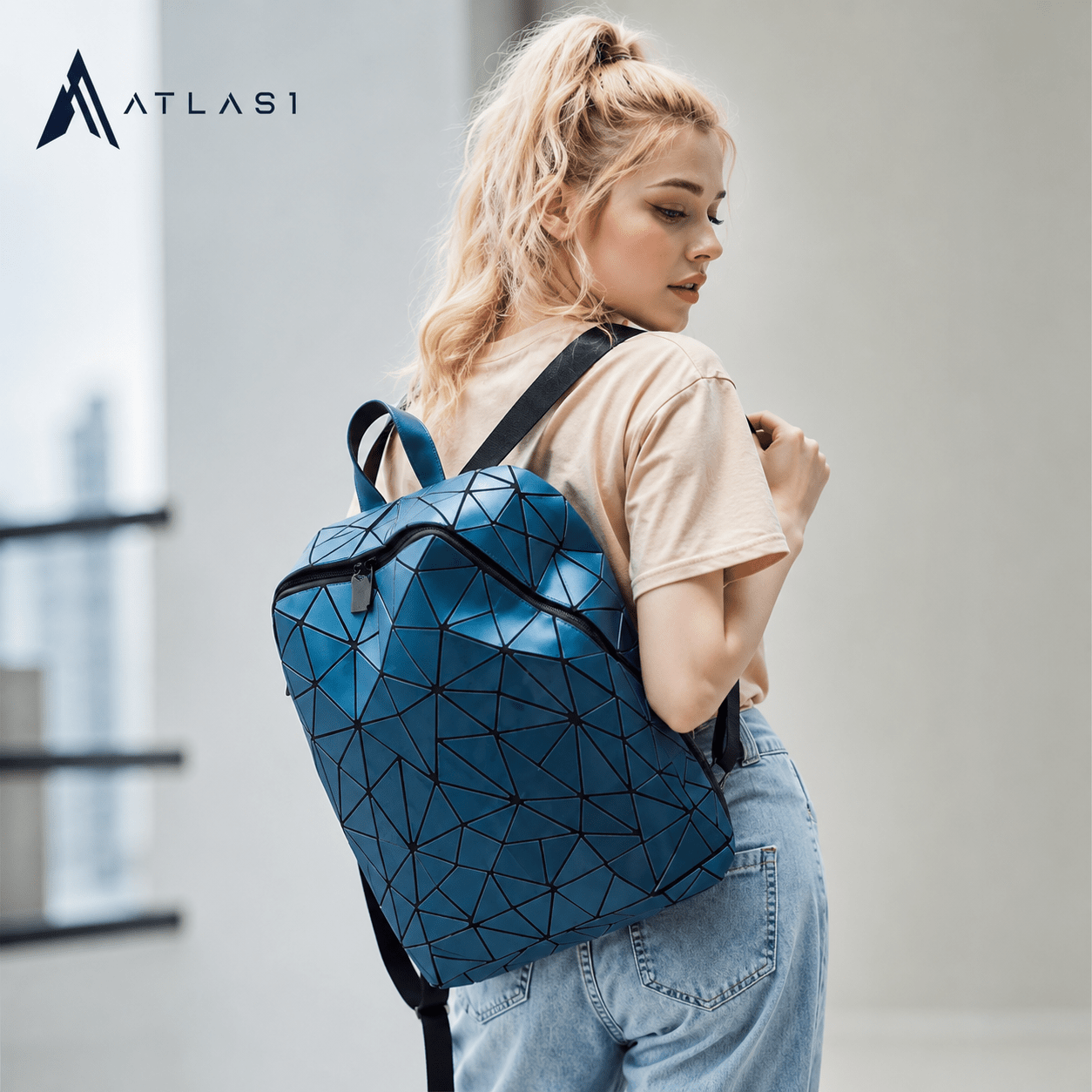 Women's Futuristic Mosaic Geometric Pattern Backpack - ATLAS 1