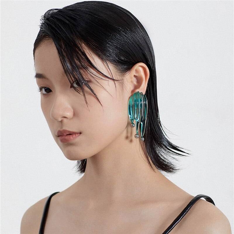 Women's Futuristic Style Green Fluid Earrings - ATLAS 1
