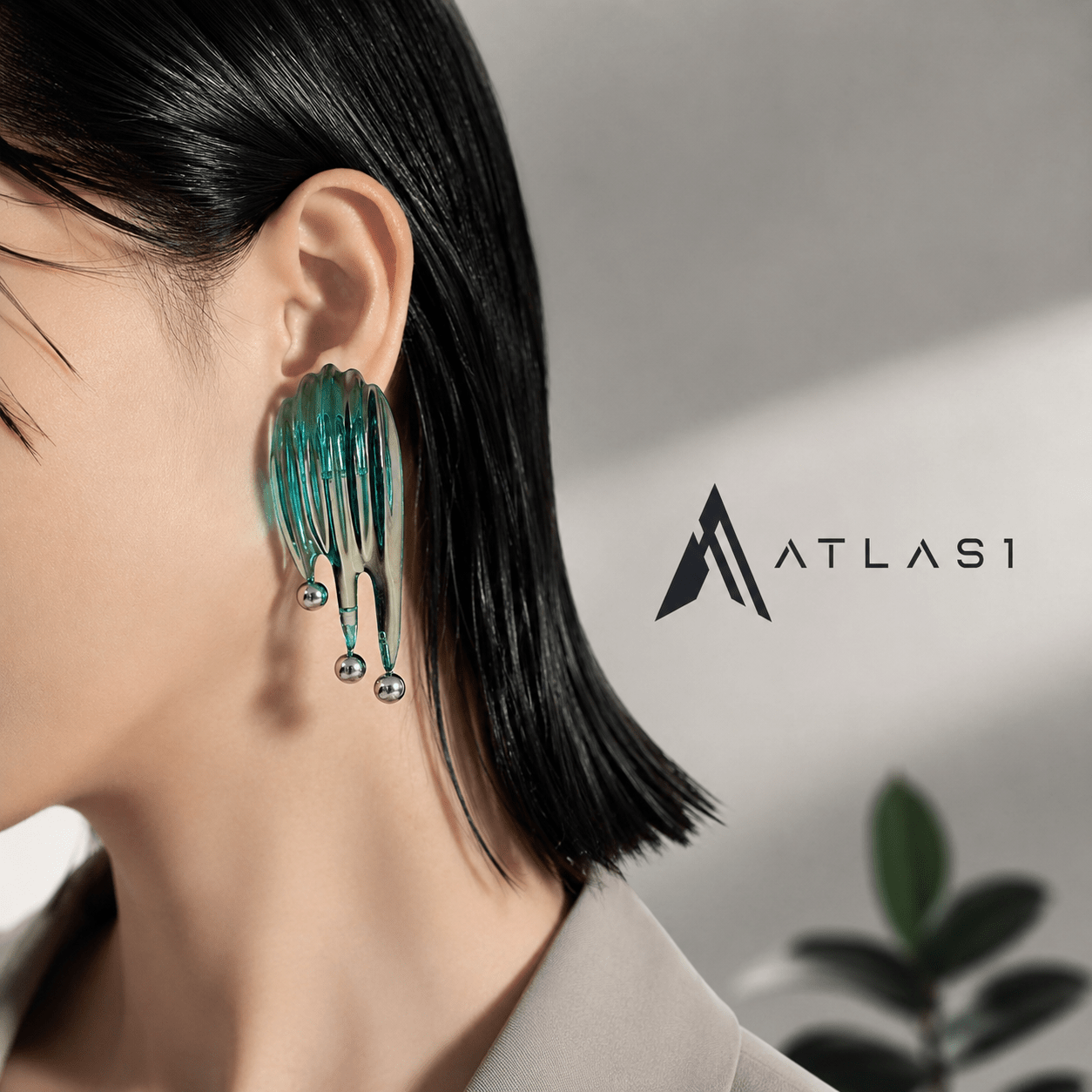 Women's Futuristic Style Green Fluid Earrings - ATLAS 1