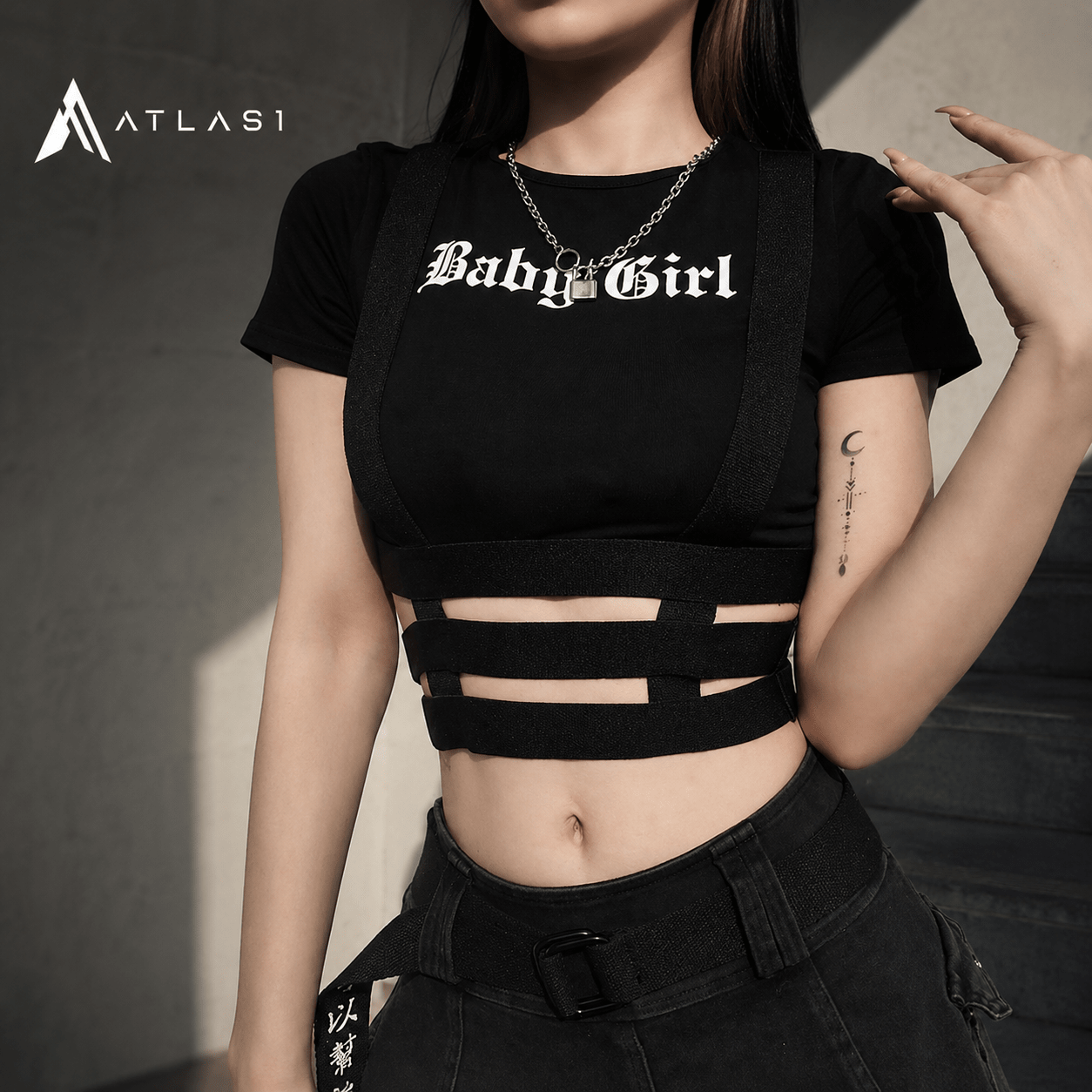 Women's Gothic Baby Girl Print Strappy Crop Top - ATLAS 1