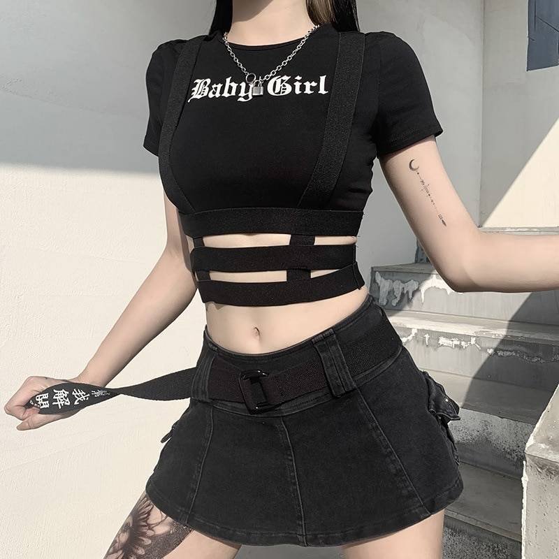 Women's Gothic Baby Girl Print Strappy Crop Top - ATLAS 1
