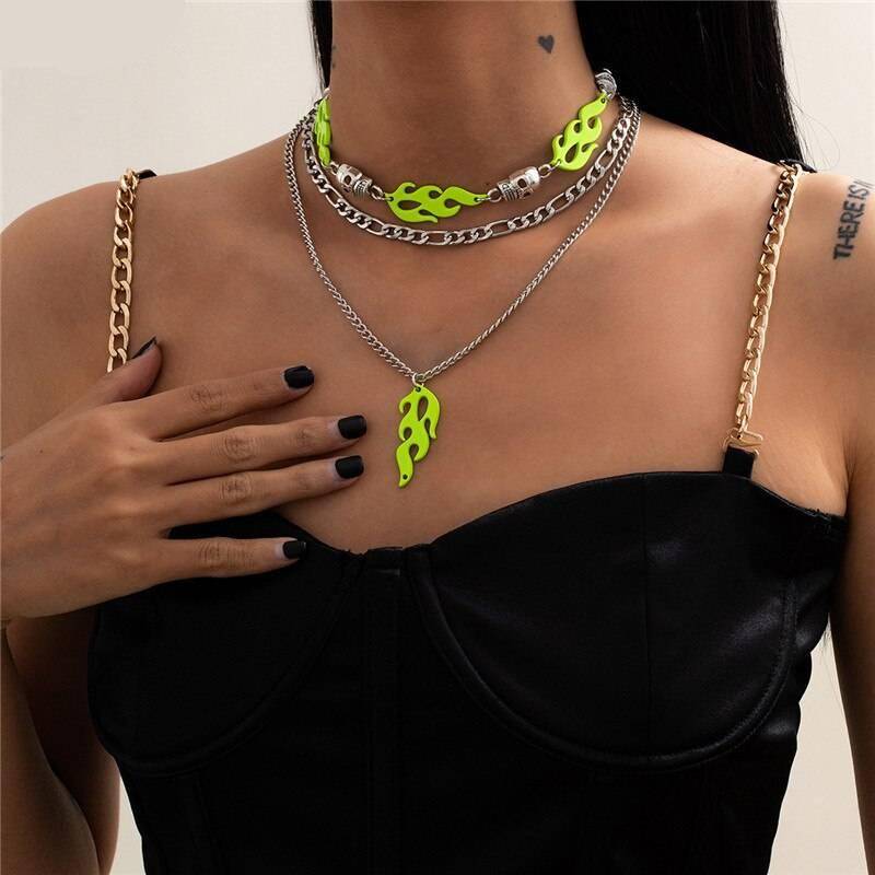 Women's Neon Color Flame Multi - Layer Techwear Necklace - ATLAS 1