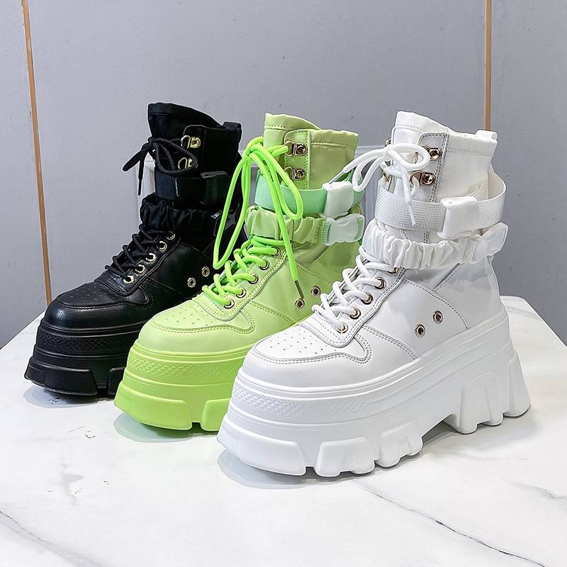 Women's Neon Green Chunky Techwear Boots - ATLAS 1