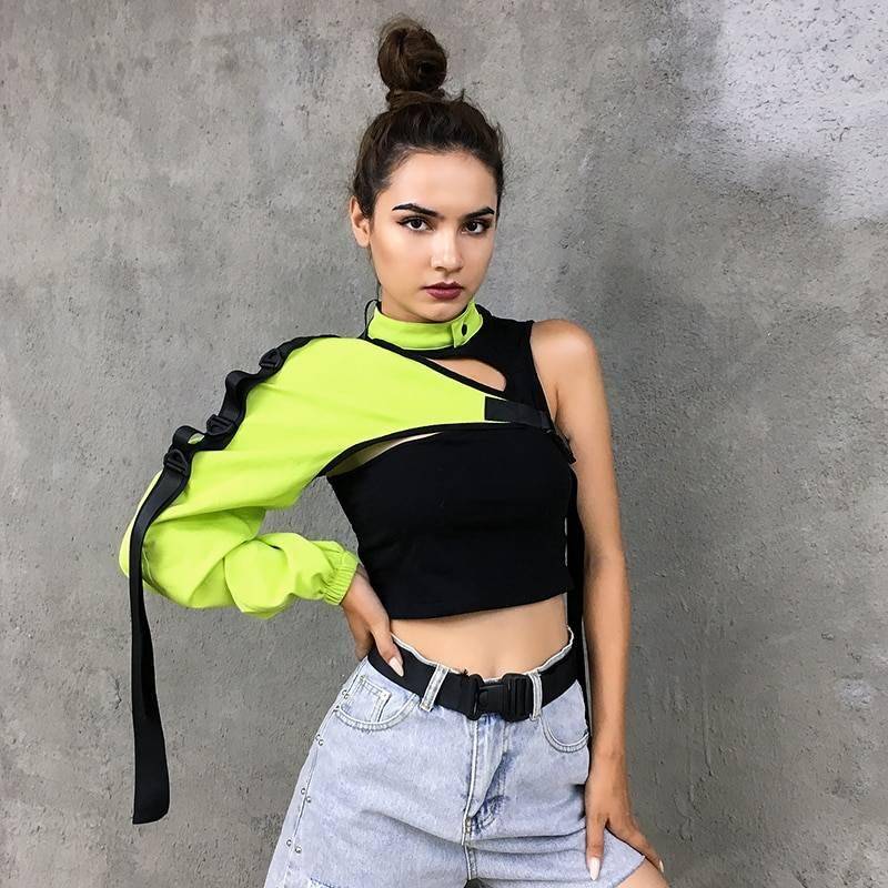 Women's Neon Green One Shoulder Techwear Crop Top - ATLAS 1