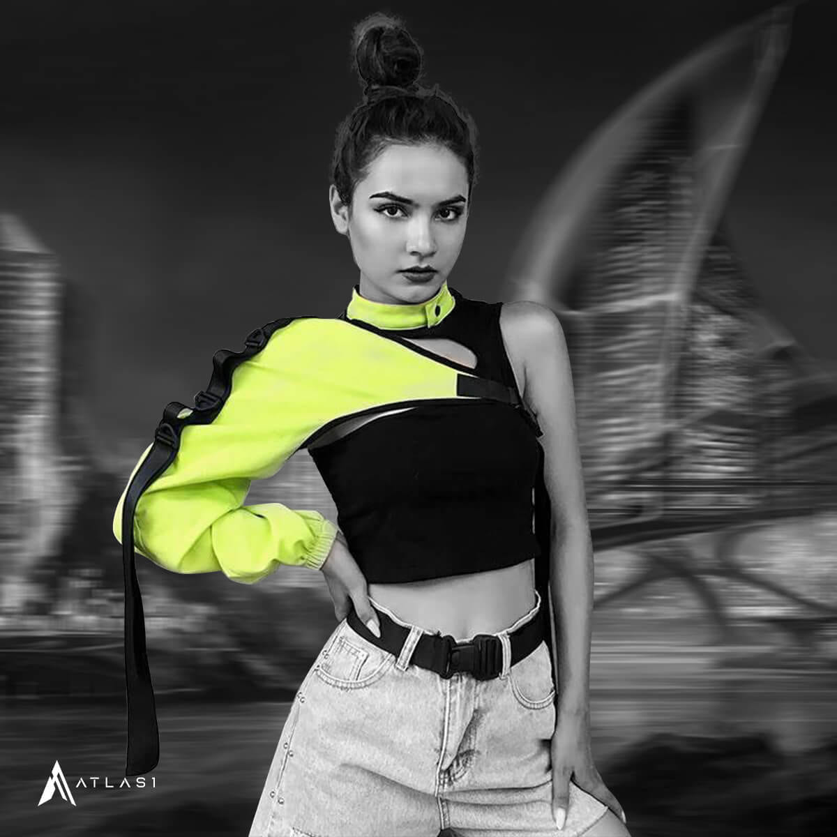 Women's Neon Green One Shoulder Techwear Crop Top - ATLAS 1