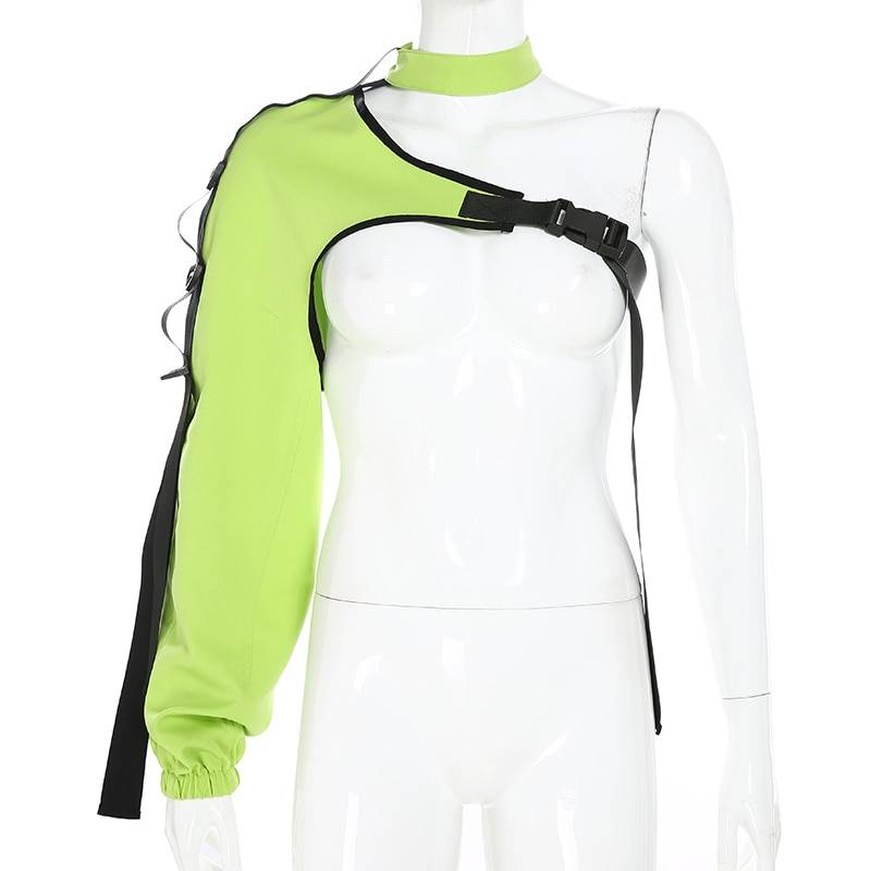 Women's Neon Green One Shoulder Techwear Crop Top - ATLAS 1