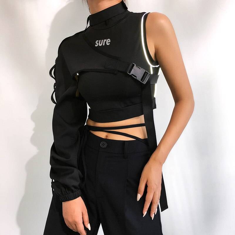 Women's Neon Green One Shoulder Techwear Crop Top - ATLAS 1