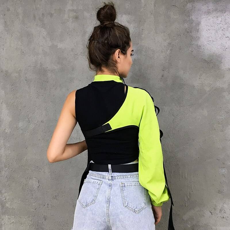 Women's Neon Green One Shoulder Techwear Crop Top - ATLAS 1