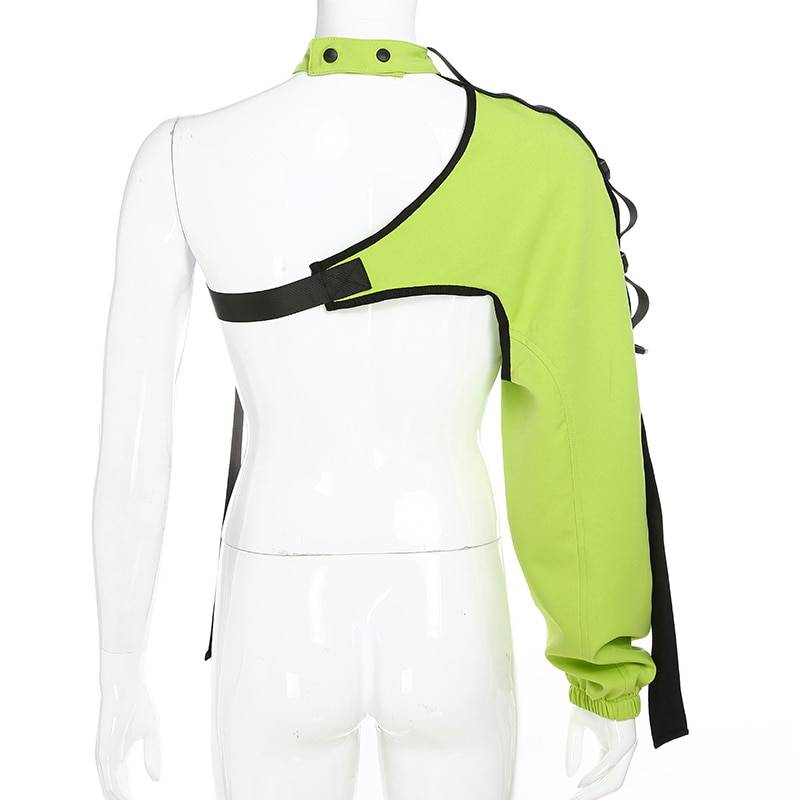Women's Neon Green One Shoulder Techwear Crop Top - ATLAS 1