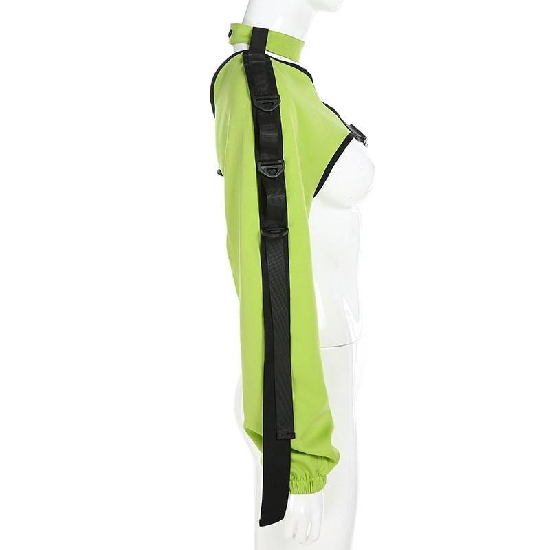 Women's Neon Green One Shoulder Techwear Crop Top - ATLAS 1