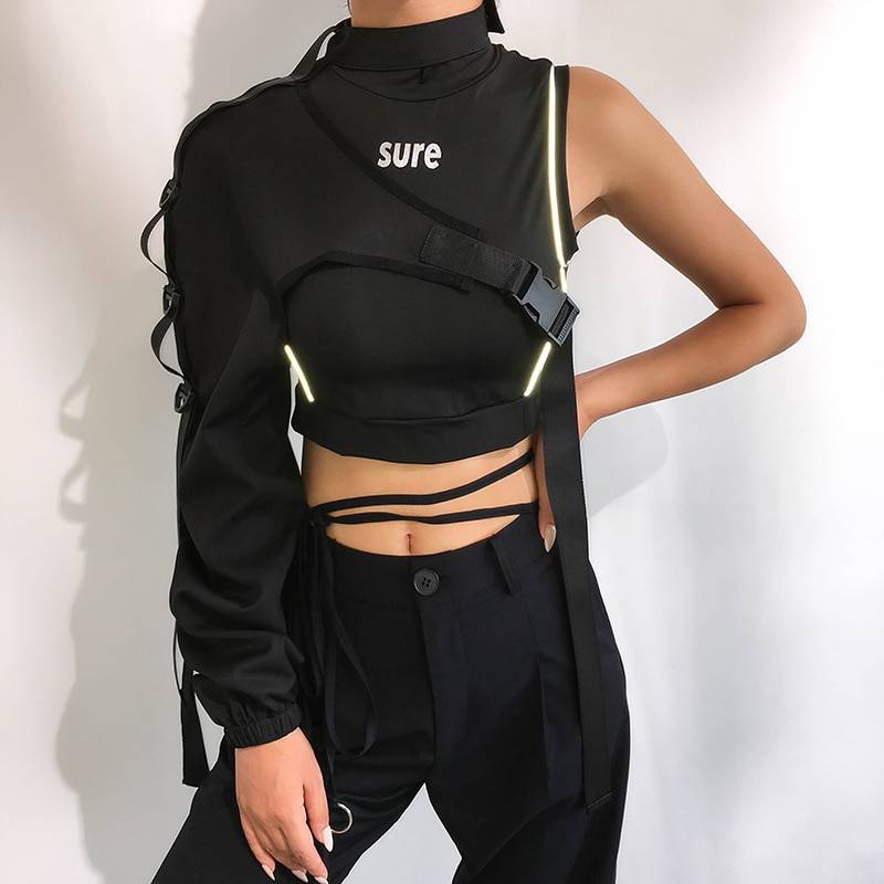 Women's Neon Green One Shoulder Techwear Crop Top - ATLAS 1