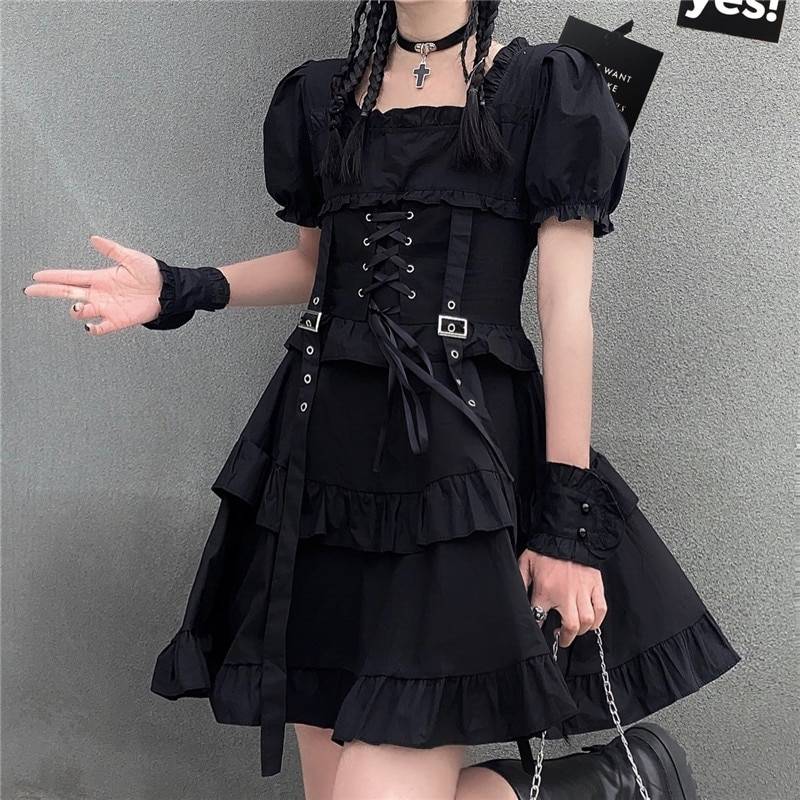 女款圆领高腰哥特风techwear连衣裙 — 高腰剪裁