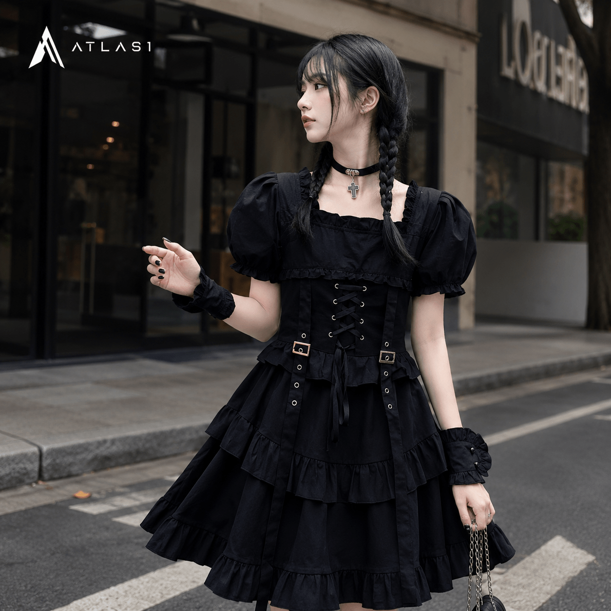 Women's O-Neck High Waist Gothic Techwear Dress - ATLAS 1