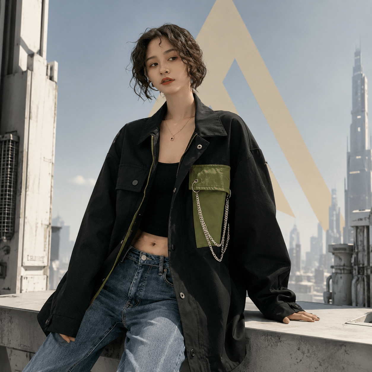 Women's Oversized Contrast Pocket Techwear Jacket - ATLAS 1