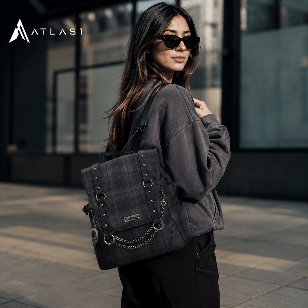 Women's Plaid Leather Gothic Techwear Backpack - ATLAS 1
