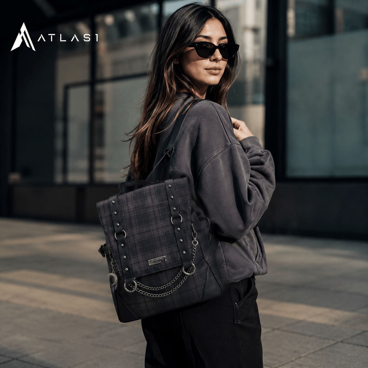 Women's Plaid Leather Gothic Techwear Backpack - ATLAS 1