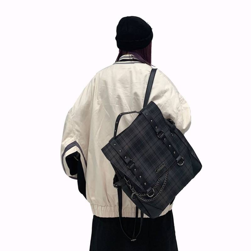 Women's Plaid Leather Gothic Techwear Backpack - ATLAS 1