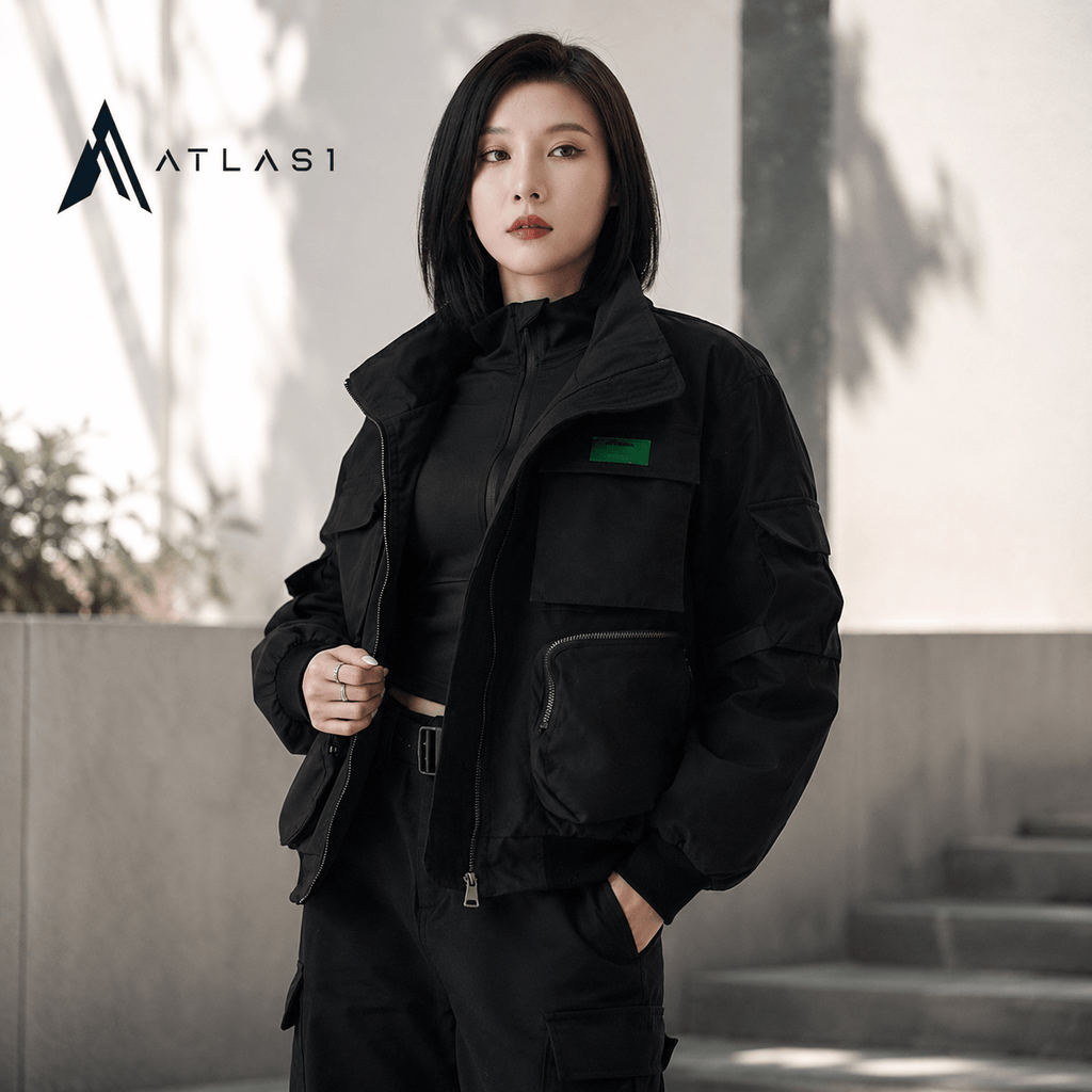 Women's Solid Black Cargo Pockets Techwear Jacket - ATLAS 1