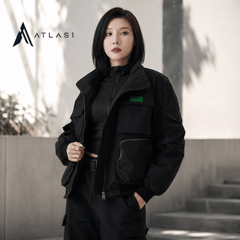 Women's Solid Black Cargo Pockets Techwear Jacket
