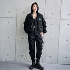 Women's Solid Black Cargo Pockets Techwear Jacket - ATLAS 1