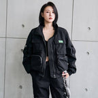 Women's Solid Black Cargo Pockets Techwear Jacket - ATLAS 1