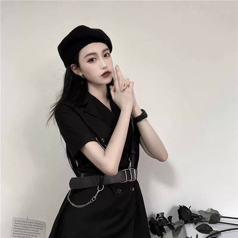 Women's Solid Black Harajuku Mini Dress with Harness - ATLAS 1