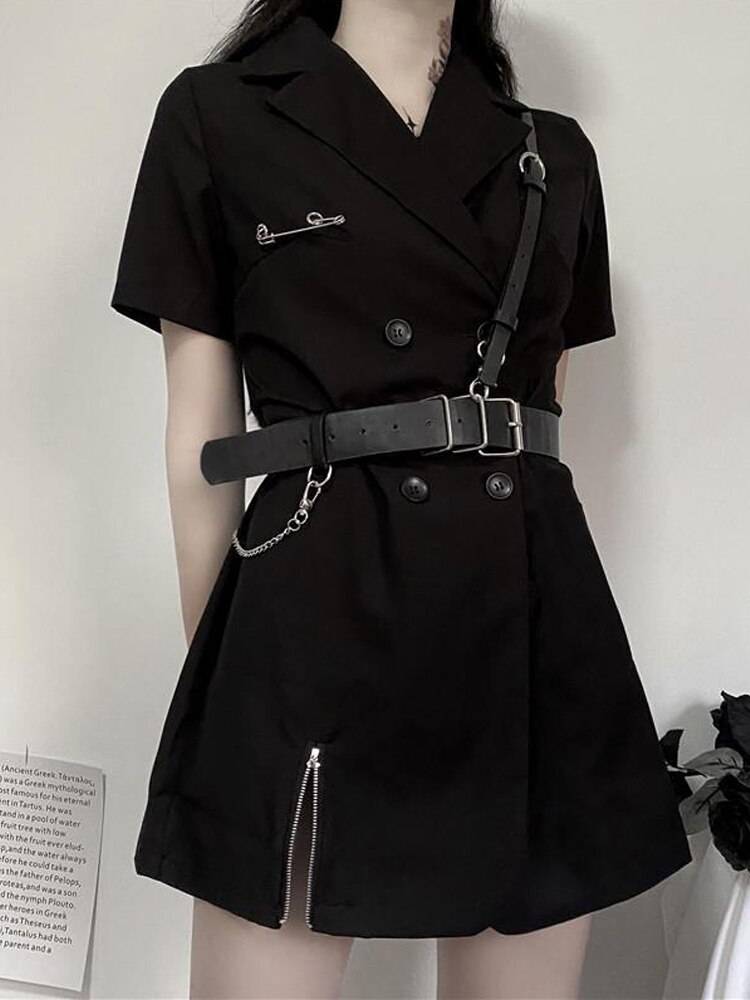 Women's Solid Black Harajuku Mini Dress with Harness - ATLAS 1
