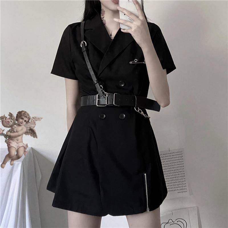 Women's Solid Black Harajuku Mini Dress with Harness - ATLAS 1