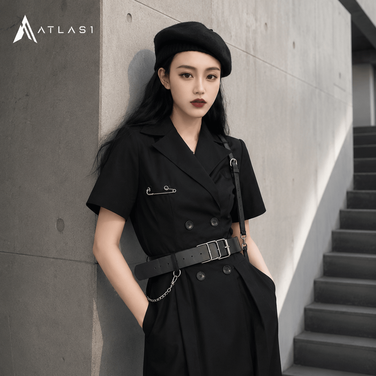 Women's Solid Black Harajuku Mini Dress with Harness - ATLAS 1
