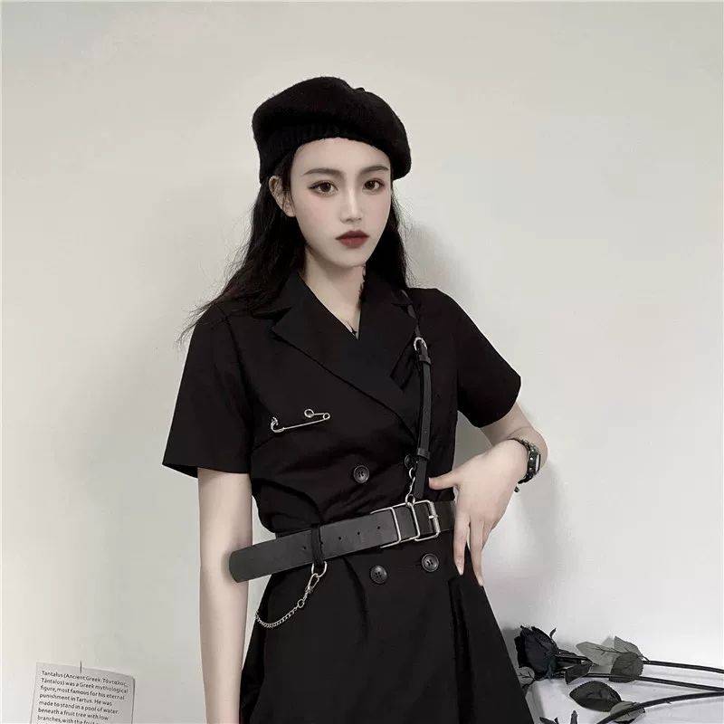 Women's Solid Black Harajuku Mini Dress with Harness - ATLAS 1